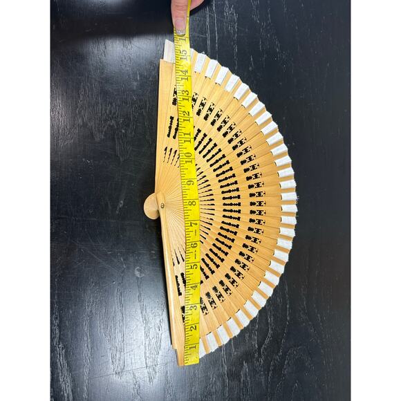 Wooden Light Tan- vintage hand fan white fabric detail- 16 inches extended - Picture 4 of 5